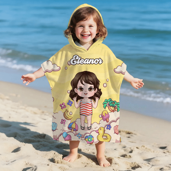 Personalized Cute Cartoon Character Soft Quick Dry Kid Hooded Beach Towel with Name Summer Vacation Beach Party Travel Gift for Boys Girls