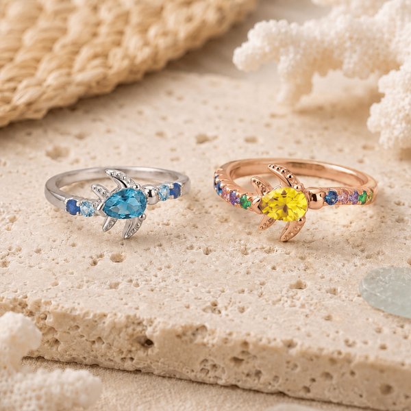 Personalised Sea Turtle Sterling Silver Ring with 1-8 Small Birthstones Dainty Jewellery Mother's Day Birthday Anniversary Gift for Mum Gran