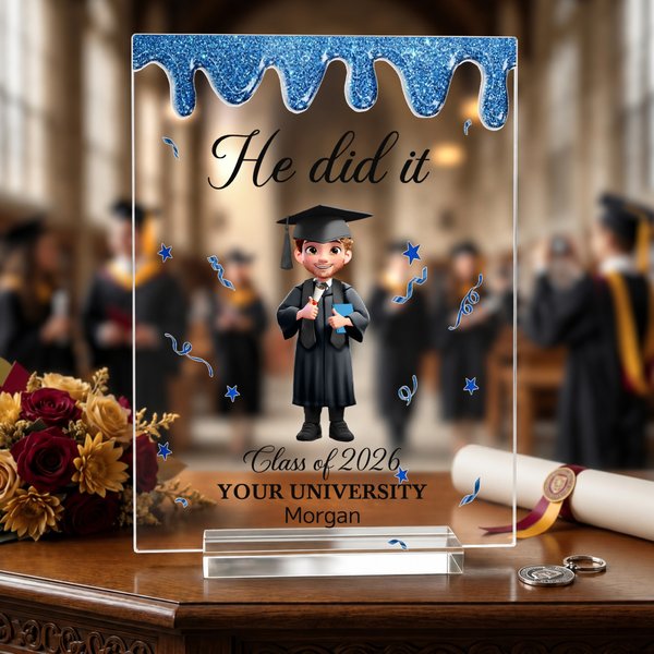 Personalised He/She Did It Cartoon Character Acrylic Plaque with Base and Name Desk Decor Graduation Anniversary Gift for Graduate Student