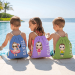 Personalised Cute Cartoon Character Microfiber Drawstring Bag with Name Travel Beach Use Birthday Summer Vacation Gift for Kids Family