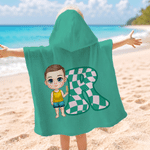 Individuell gestaltetes, farbenfrohes Strandhandtuch mit Kapuze und Schachbrettmuster sowie Comic-Figuren, schnell trocknend, mit Namen – Strandparty- und Geburtstagsgeschenk für Kinder und die ganze 