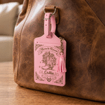 Etiqueta de equipaje personalizada de cuero sintético «Vintage Western Cowgirl», con flor del mes de nacimiento y el mensaje «Born to Roam», con nombre, ideal como regalo de viaje o para las vacacione