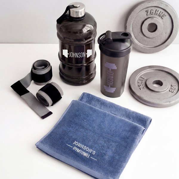 Personalisierter Shaker-Becher im Barbell-Design, Flasche mit großem Fassungsvermögen, besticktes Handtuchset mit Namen – das perfekte Geschenk für Fitnessbegeisterte, zum Alltag im Fitnessstudio oder