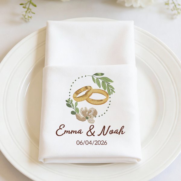 Serviette de table en 100 % coton personnalisée avec nom et date - Cadeau de mariage pour la mariée