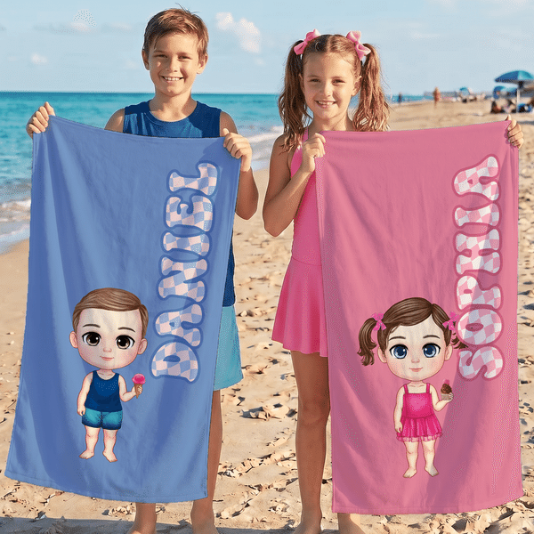 Personalized Cute Cartoon Character Quick Dry Oversized Beach Towel with Name and Drawstring Bag Beach Party Birthday Gift for Kid Family Friend