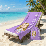 Personalized Cute Cartoon Character Quick Dry Oversized Beach Towel with Name and Drawstring Bag Beach Party Birthday Gift for Kid Family Friend