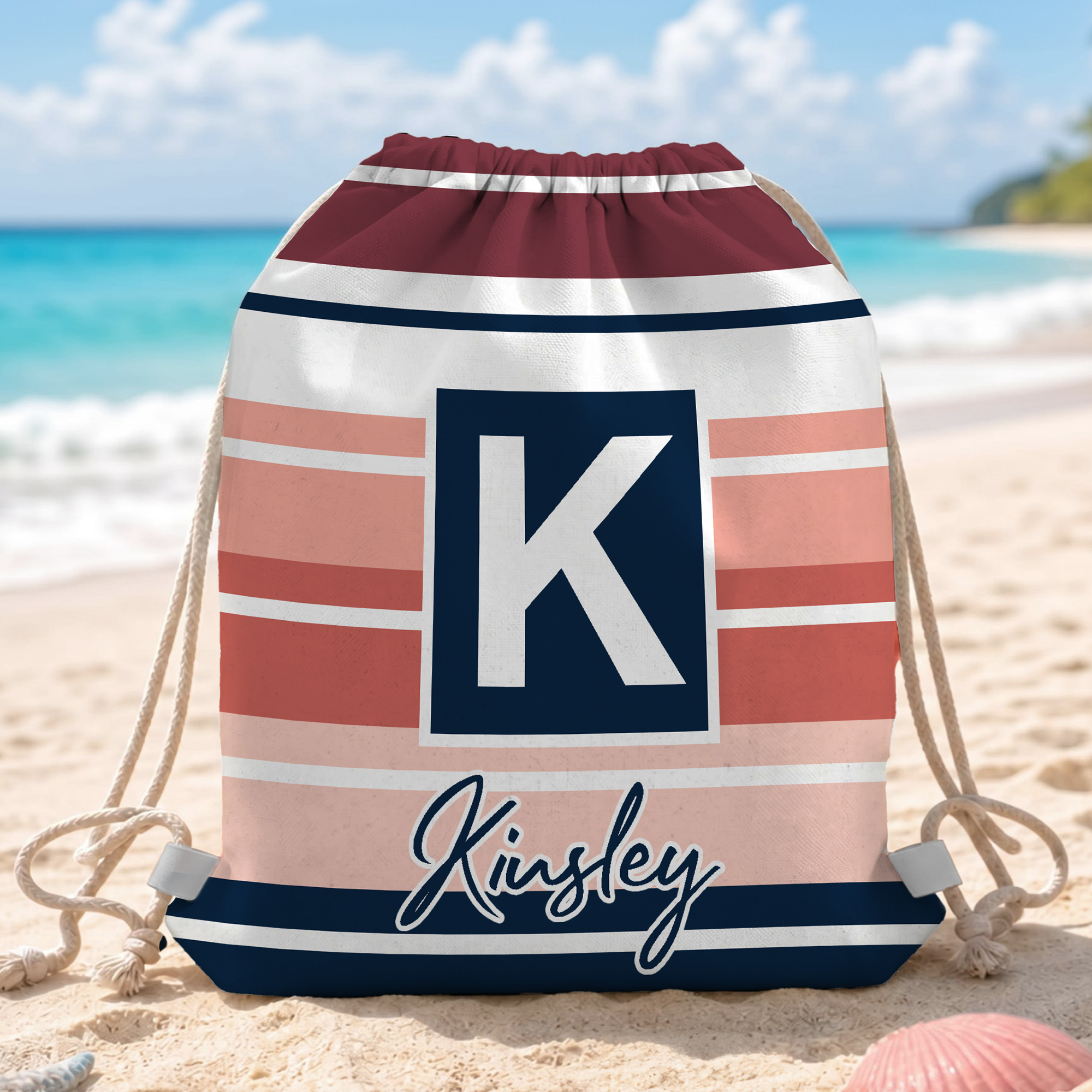 Individuell gestalteter gestreifter Strandrucksack mit Kordelzug, Namen und Initialen – Geburtstagsgeschenk für Freunde und Erwachsene zur Strandparty