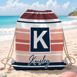 Personalised Striped Drawstring Beach Backpack with Name and Initial Beach Party Birthday Gift for Friends Adults