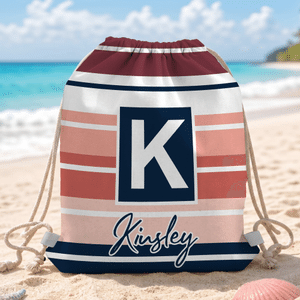 Personalised Striped Drawstring Beach Backpack with Name and Initial Beach Party Birthday Gift for Friends Adults