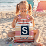 Personalised Striped Drawstring Beach Backpack with Name and Initial Beach Party Birthday Gift for Friends Adults