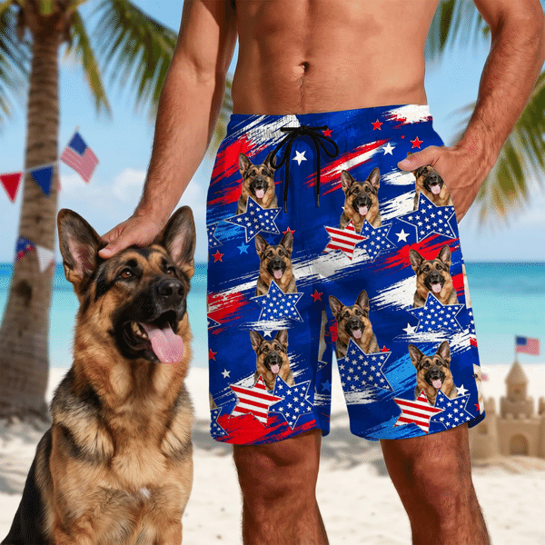 Personalised National Flag Star Hibiscus 1-3 Photos Quick Dry Swim Trunks Beach Shorts Summer Holiday Beach Party Birthday Gift for Dad Grandad Man