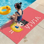 Personalized Cute Cartoon Character Quick Dry Oversized Beach Towel with Name and Drawstring Bag Beach Party Birthday Gift for Kid Family Friend