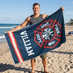 Personalized Firefighting Element Oversized Quick Dry Beach Towel with Name Beach Travel Essentials Father's Day Birthday Gift for Firefighter Dad