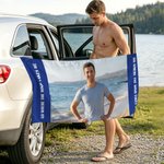 Personlig familiefoto – ekstra stort, hurtigtørkende magnetisk strandhåndkle med tekst – uunnværlig på sommerferien – bursdagsgave til familie og venner