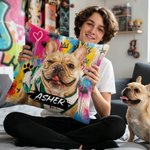 Personalized Graffiti Oil Painting Style Pet Photo Soft Throw Pillow Cover with Name Adoption Anniversary Birthday Gift for Cat Dog Pet Owner