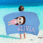Personalized Cute Cartoon Character Quick Dry Oversized Beach Towel with Name and Drawstring Bag Beach Party Birthday Gift for Kid Family Friend