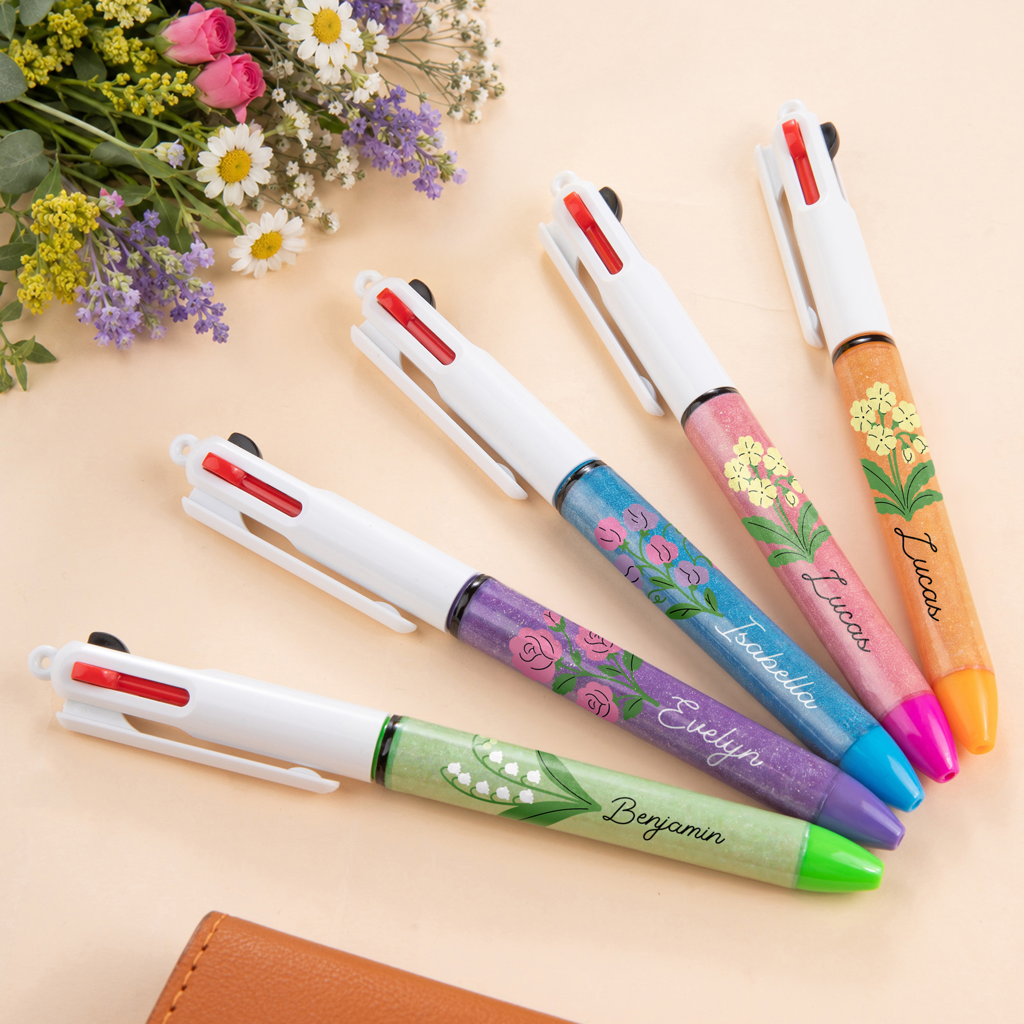 Personalisierter 3-in-1-Kugelschreiber mit Glitzer und Geburtsblume sowie Namensgravur – Alltagsgeschenk zum Geburtstag für Studentinnen