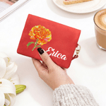 Personalized Birth Flower Tri-Fold PU Leather Wristlet Wallet with Card Holder and Name Daily Use Birthday Anniversary Gift for Woman Mom