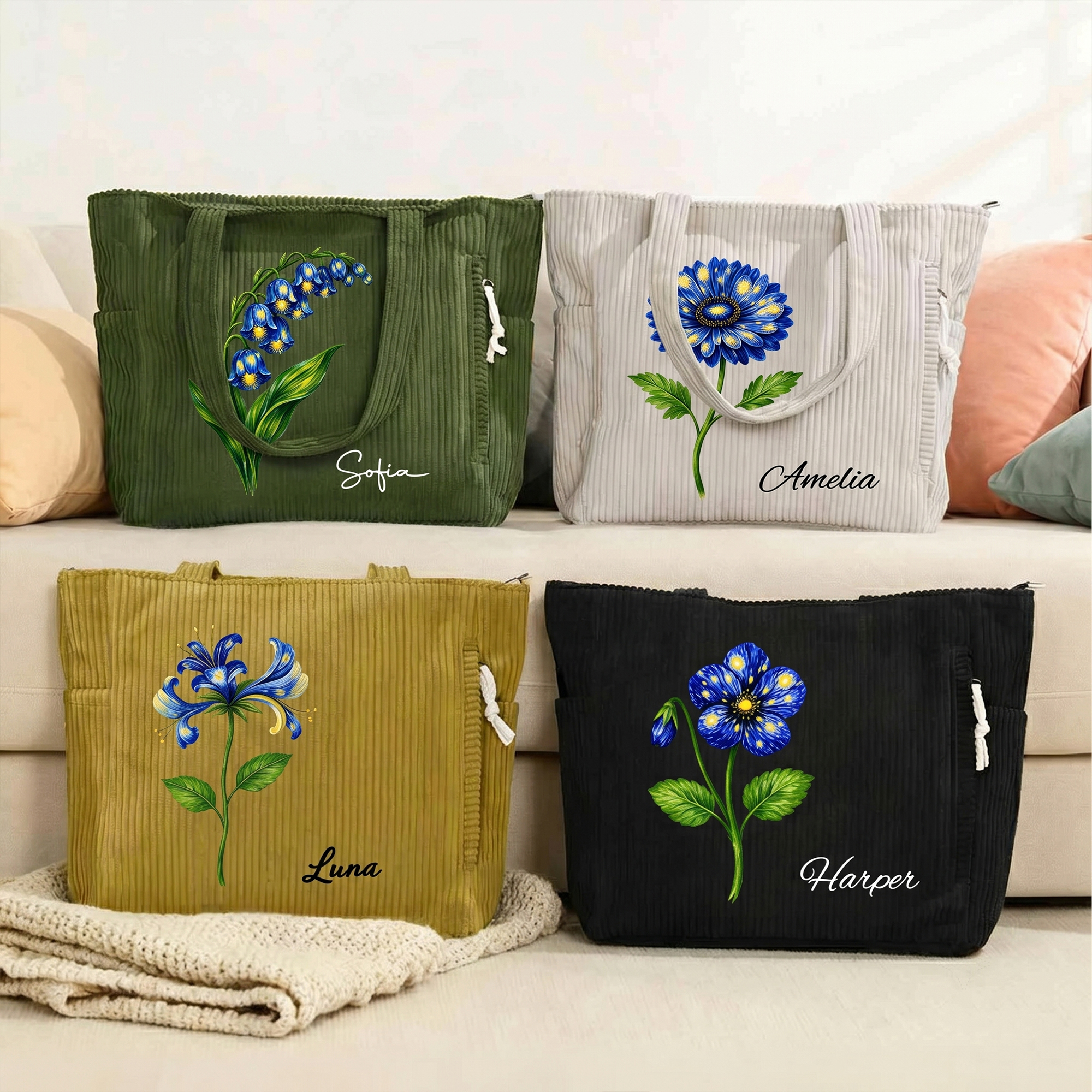 Personalisierte Cord-Tragetasche im Sternenhimmel-Design mit Geburtsblume und großem Fassungsvermögen – mit Namen – unverzichtbares Reiseaccessoire und Geburtstagsgeschenk für Frauen