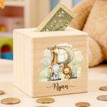 Personalised Initial Cute Animal Pattern Wooden Cube Money Box with Name Kids Room Decor Birthday Children's Day Gift for Boys Girls