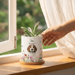Personalised Pet Photo Floral Ceramic Plant Pot with Name Date and Bamboo Tray Daily Use Pet Memorial Sympathy Gift for Pet Owner Lover