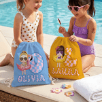 Personalized Cartoon Kid Character Chessboard Initial Microfiber Drawstring Bag with Name Beach Party Summer Vacation Birthday Gift for Kids Family