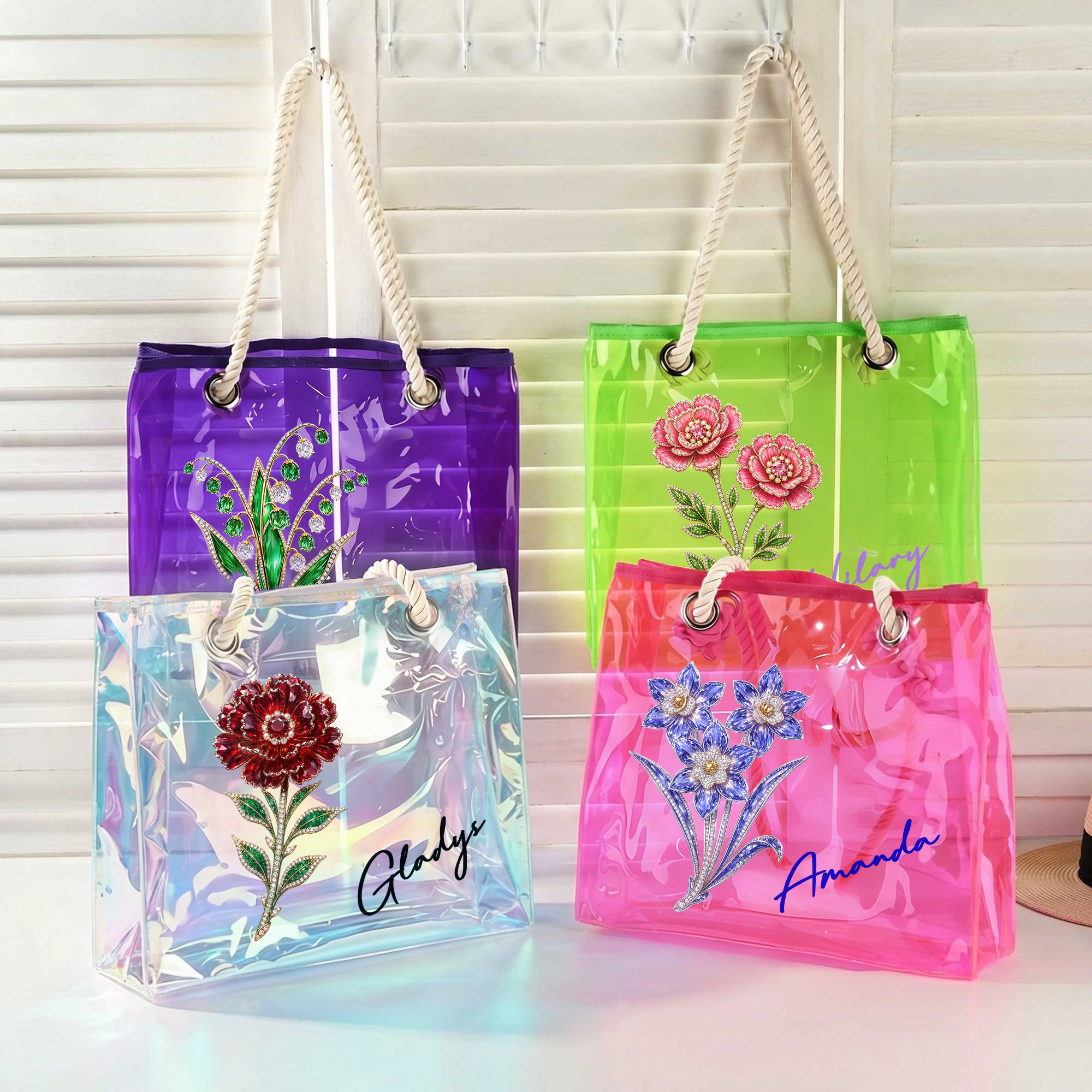 Personalisierte, farbenfrohe, holografische Tragetasche mit Geburtsstein-Blumenmotiv und Namensaufdruck – Strandparty-Geburtstagsgeschenk für Frauen