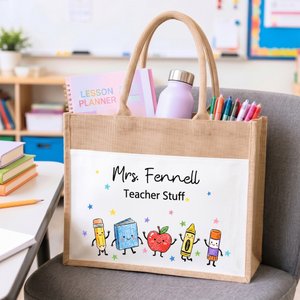 Personalized Crayon Apple Cute Teaching Stuff Jute Tote Bag with Title and Name Appreciation End of School Gift for Teacher