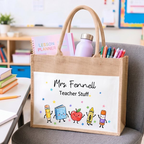 Personalised Crayon Apple Cute Teaching Stuff Jute Tote Bag with Title and Name Appreciation End of School Gift for Teacher