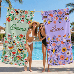 Individuell gestaltetes, farbenfrohes Strandtuch im Folk-Art-Stil mit Blumenmuster, übergroß und schnell trocknend – mit Namen – Geschenk für den Sommerurlaub, die Poolparty oder für eine Freundin