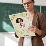 Personlig akrylklippbrett med tegneseriefigur av en lærer og blomstermotiv, med tekst – skoleutstyr, gave til lærere i forbindelse med Lærerapprecieringsuken og Lærerdagen