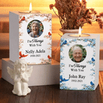 Vela en tarro de madera personalizada con foto y el mensaje «Siempre estoy contigo», con nombre y fecha. Regalo conmemorativo para cementerios, en memoria de la pérdida de un padre, una madre o un fam