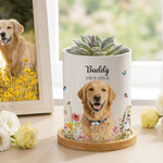 Personalised Pet Photo Floral Ceramic Plant Pot with Name Date and Bamboo Tray Daily Use Pet Memorial Sympathy Gift for Pet Owner Lover