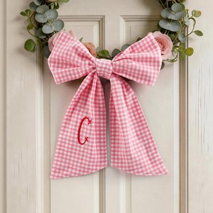 Personalised Pink Gingham 100% Cotton Bow Wreath Sash with Initial or Monogram Front Door Decor Valentine's Day Anniversary Gift for Couples
