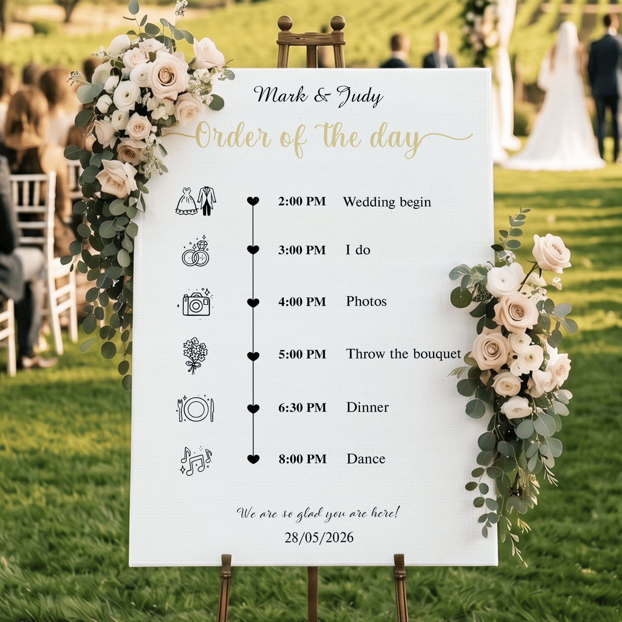Individuell gestaltetes Hochzeits-Zeitplan-Poster auf Leinwand – rahmenloses Gemälde mit Namen und Datum – Geschenk zur Hochzeit oder Verlobungsfeier für Paare