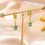 Personalized Dainty Sea Turtle Birthstone Charm Earrings Minimal Beach Jewelry Birthday Anniversary Gift for Women Ocean Lovers