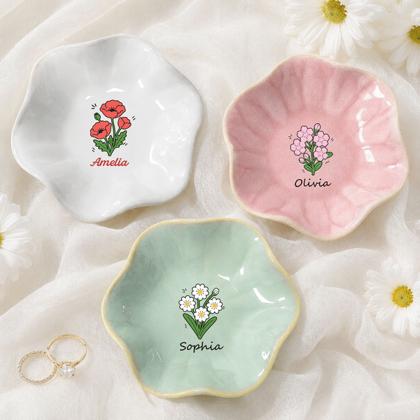 Personalised Birth Flower Ceramic Scalloped Edge Trinket Jewellery Dish with Name Daily Use Birthday Gift for Her