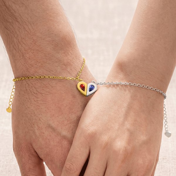 Personalized Birthstone Heart Magnetic Couple Bracelets Matching Promise Jewellery Set Anniversary Birthday Gift for Girlfriend Boyfriend Lover