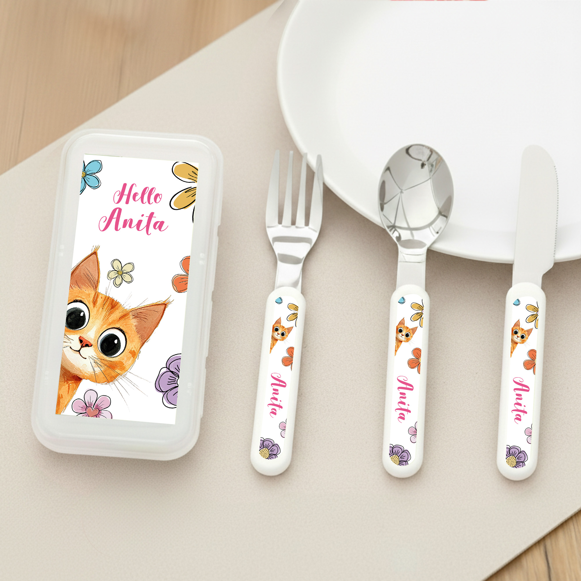 Personalisiertes „Hello Animal“-Besteckset (3-teilig) mit Gabel, Löffel und Messer, mit Namen und Etui – Geschenk zum Schulanfang oder Geburtstag für Jungen und Mädchen