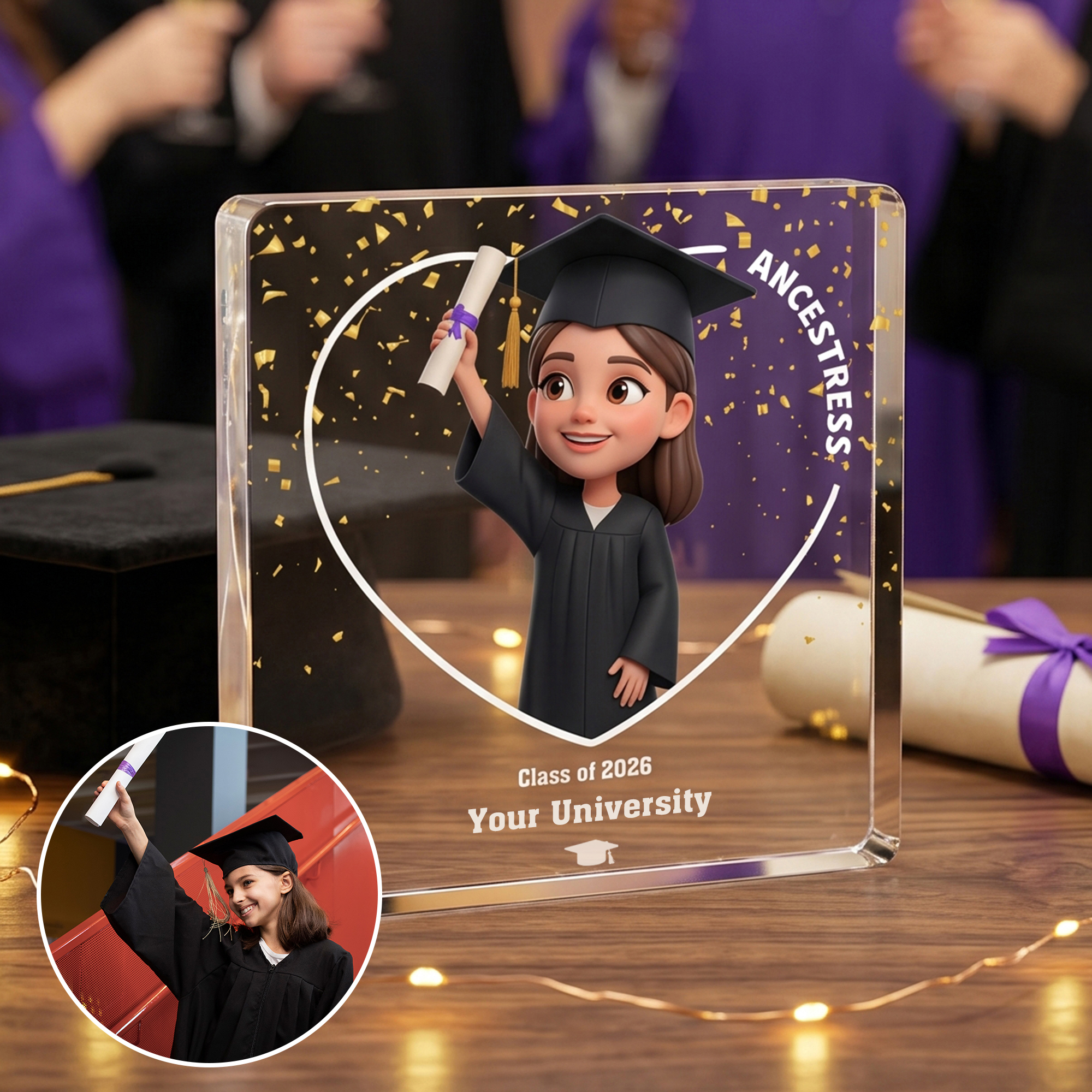 Personalisierte quadratische Acrylplakette mit 3D-Cartoon-Figur zum Schulabschluss, mit Namen, Abschlussjahr und Schulname – als Dekoration für den Schreibtisch, Geburtstags- oder Abschlussgeschenk fü