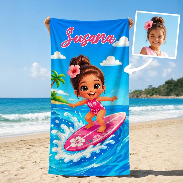 Toalla de playa personalizada con personaje animado a partir de foto y nombre uso diario y vacaciones regalo de cumpleaños para niños y familia