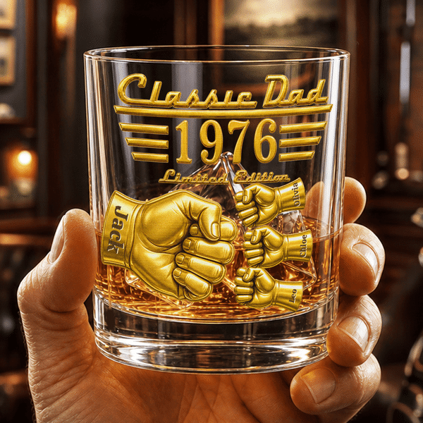 Personalised Classic Dad Fist 10 oz Old Fashioned Rock Whisky Glass with Names Father's Day Birthday Gift for Man Whisky Lover