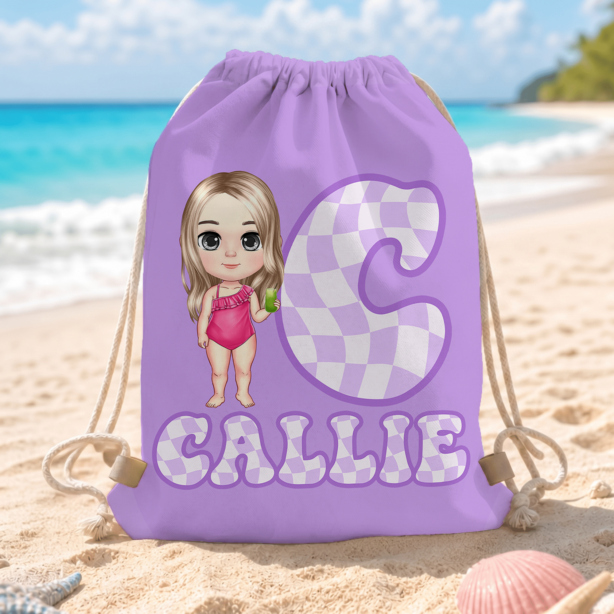 Individuell gestaltetes Schachbrett mit Cartoon-Figuren für Kinder, mit Initialen, in einem Mikrofaser-Beutel mit Kordelzug – mit Namen – Strandparty, Sommerferien, Geburtstagsgeschenk für Kinder und