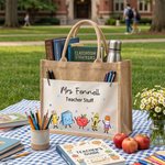 Personalised Crayon Apple Cute Teaching Stuff Jute Tote Bag with Title and Name Appreciation End of School Gift for Teacher