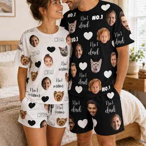 Personalized Multicolour 1-4 Face Photos Women Men Pajamas Set with Title Home Wear Valentine's Day Anniversary Gift for Couple