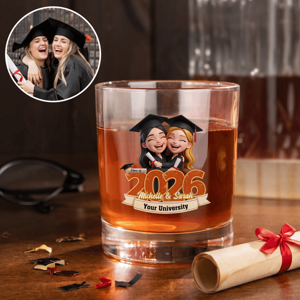 Personalised Cartoon Character Photo Year 10 oz Rock Whisky Glass with Name and School Name Graduation Gift for Graduates Whisky Enthusiasts
