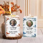 Vela en tarro de madera personalizada con foto y el mensaje «Siempre estoy contigo», con nombre y fecha. Regalo conmemorativo para cementerios, en memoria de la pérdida de un padre, una madre o un fam