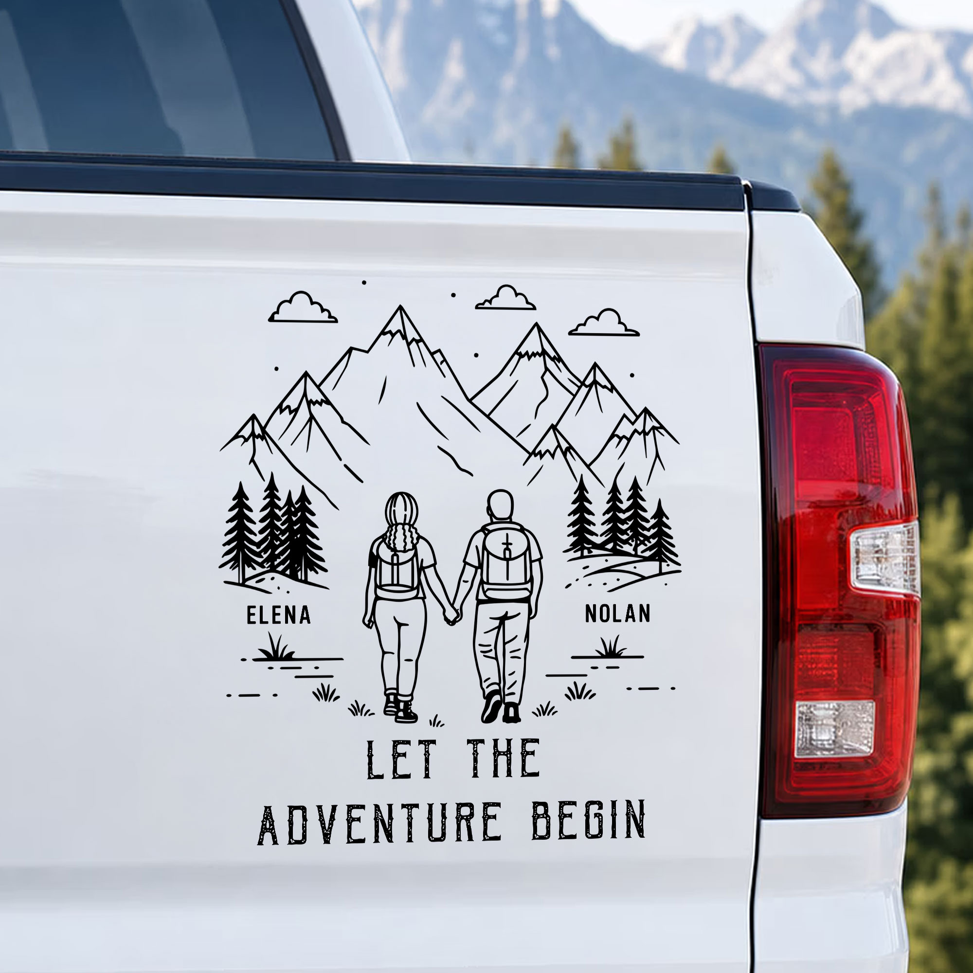 Individuell gestaltete romantische Abenteuer-Autoaufkleber für Paare mit Baum- und Bergmotiv sowie Namen – für die Windschutzscheibe, zum Camping, zum Valentinstag oder zum Jahrestag – Geschenk für Eh
