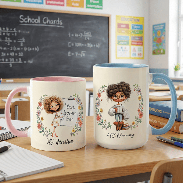 Personalised Flower Cartoon Character 11 oz / 15 oz Ceramic Mug with Title Back to School Birthday Anniversary Gift for Teachers