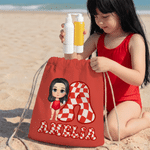 Personalized Cartoon Kid Character Chessboard Initial Microfiber Drawstring Bag with Name Beach Party Summer Vacation Birthday Gift for Kids Family